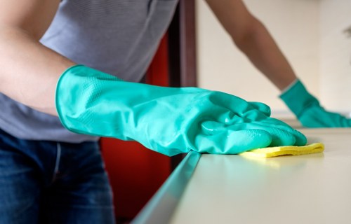 Professional Airbnb cleaning supplies arranged for turnover service