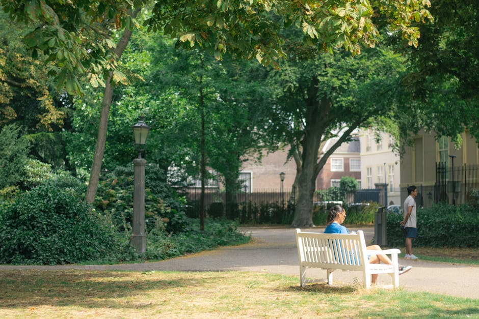 A park scene featuring a white wooden bench on a paved pathway surrounded by lush green trees and bushes. A young woman with dark hair tied back, dressed in a blue top and light shorts, is seated on the bench reading or resting. Nearby, a boy in a white t-shirt and dark shorts stands on the pathway, looking away. The area is illuminated by natural daylight, with a soft light filtering through the dense foliage, creating a serene atmosphere. A vintage-style lamppost is visible beside the pathway, and residential buildings with classic architecture can be seen in the background. The scene showcases a peaceful outdoor environment suitable for relaxation and leisure, consistent with the topic of surface cleaning and maintenance in outdoor public spaces, in line with Holland Park Cleaners' services.